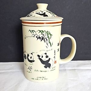 World Market Tea Mug 3 Piece Panda Bear Infuser Lidded Cup